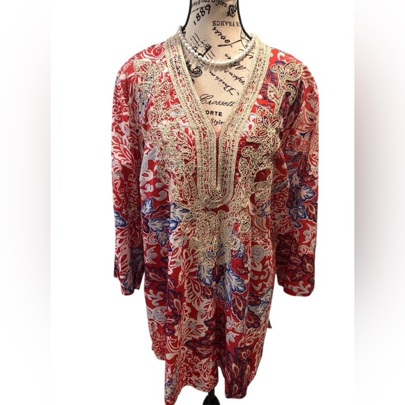 Charter Club Woman Weekends 2X Red and Blue Floral Tunic with Gold Embroidery - Picture 1 of 5